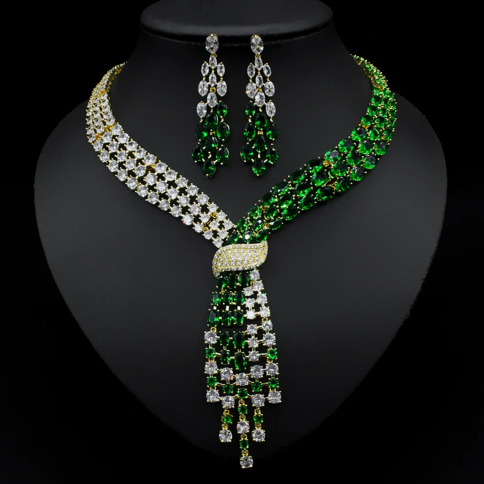 

Fashion CZ Big Green Color Women Bridal 2PCS Necklace and Earring Sets Wedding Party Jewelry Set Bijoux Zircon Dubai Gold