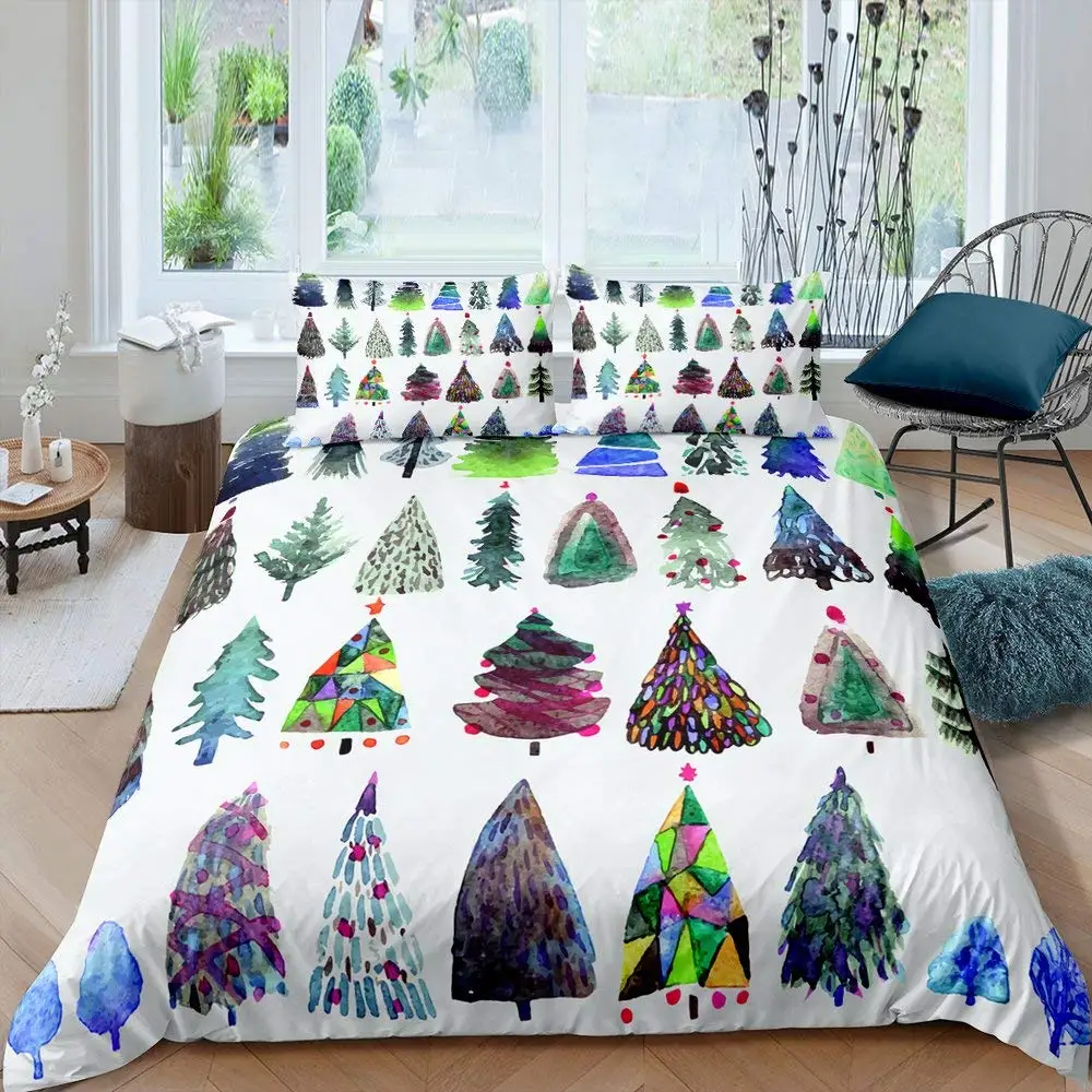 

Merry Christmas Comforter Cover Queen King Size Christmas Tree Duvet Cover Pine Tree Bedding Set Xmas Ornament Duvet Cover Set