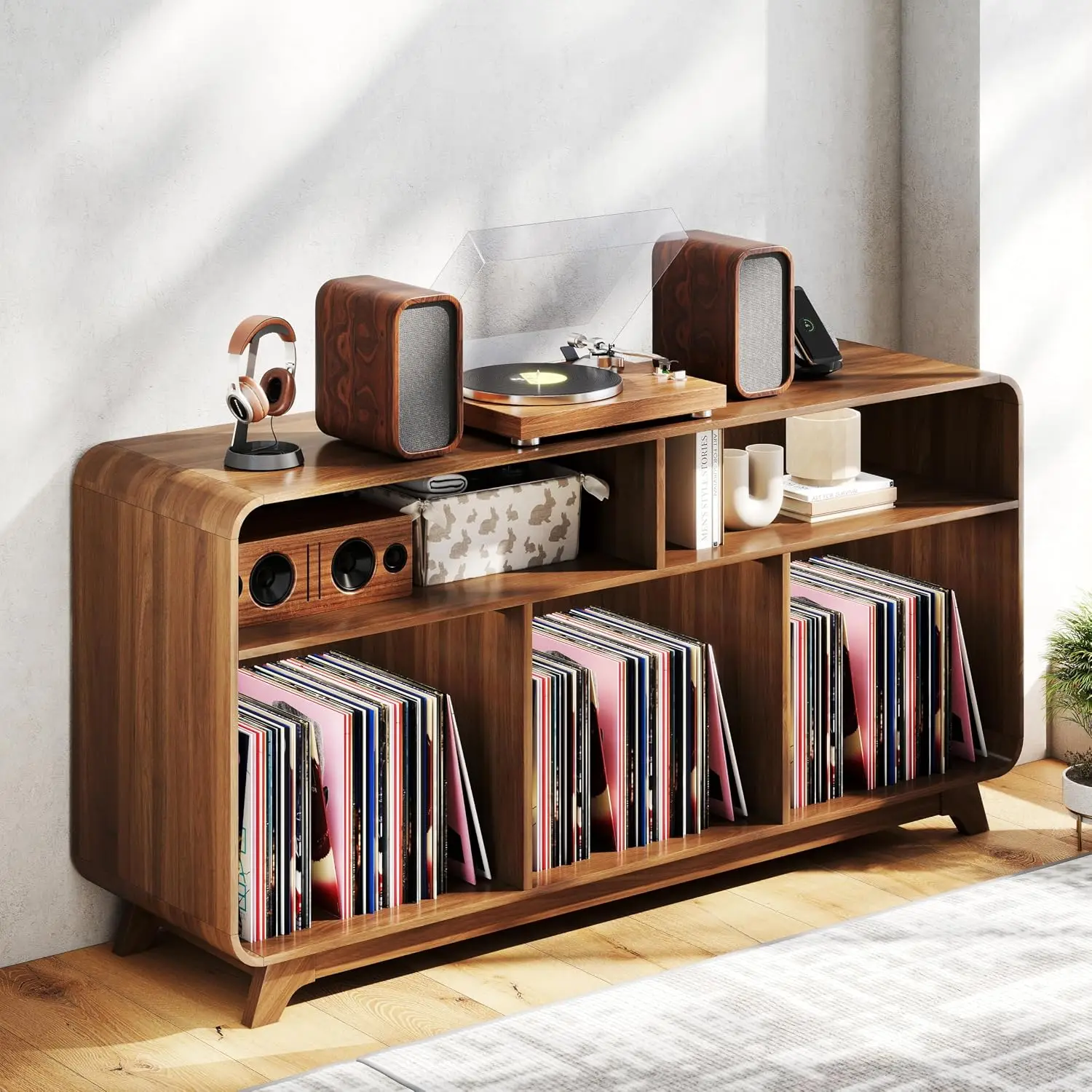 Record Player Stand Vinyl Storage Cabinet Charging Station USB Ports Turntable Stand Table Holds 350 Albums Curved Vinyl Record