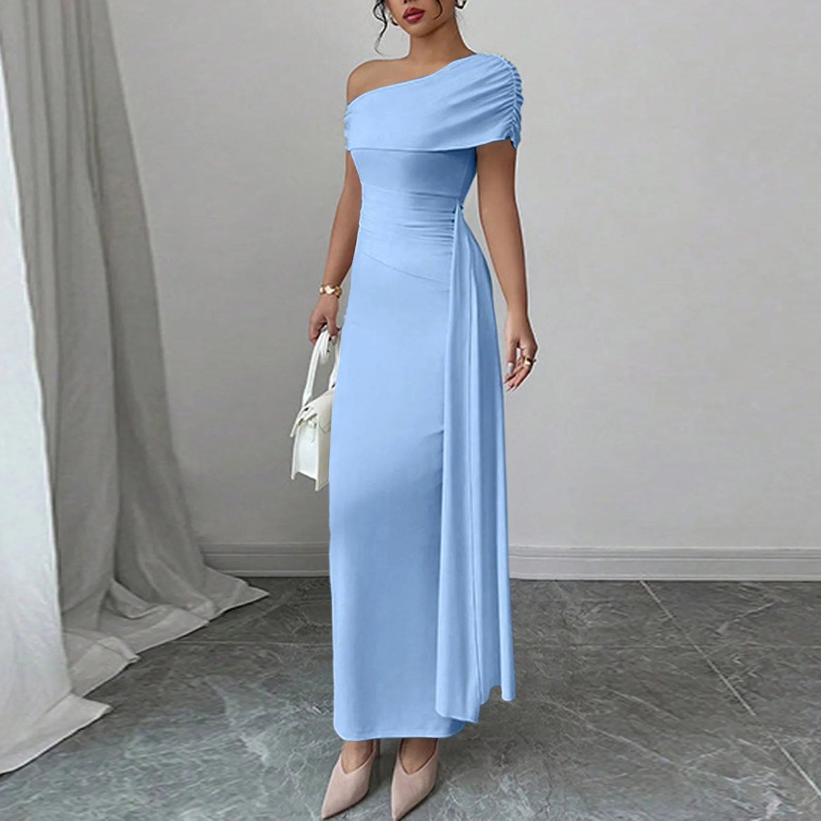 

Сексуальные вечерние длинные платья для женщин, однотонное платье без рукавов с наклонным вырезом, облегающее плиссированное платье макси, модное облегающее платье
