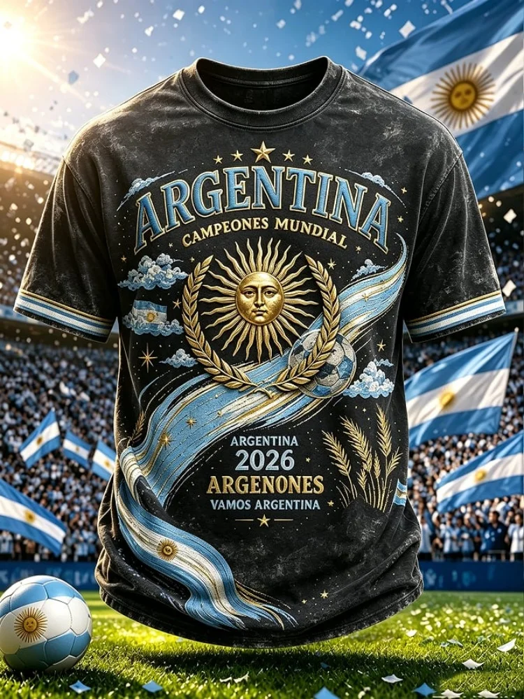 2026 Summer Argentina Soccer T-shirt Men Women Retro Football Jersey 3D Print Harajuku Hip Hop T Shirt Light Blue Casual Tops