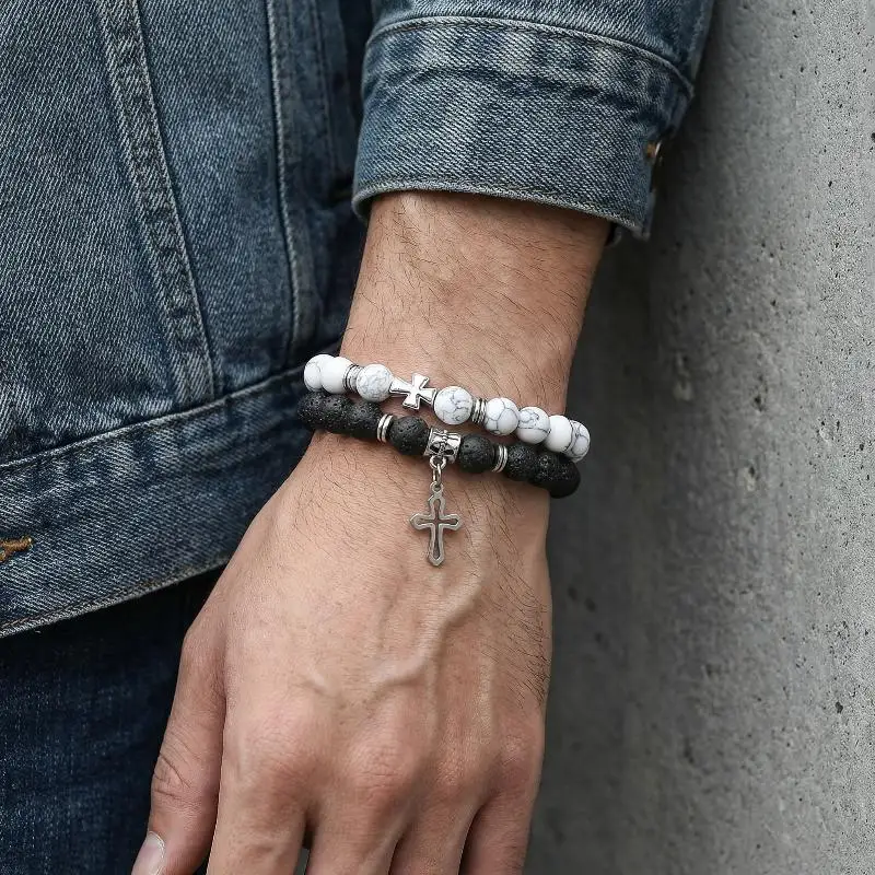 Ensemble de 2 bracelets tendance en pierre naturelle pour hommes, style vintage, turquoise blanche, pierre volcanique, bracelets perlés pour hommes, cadeaux