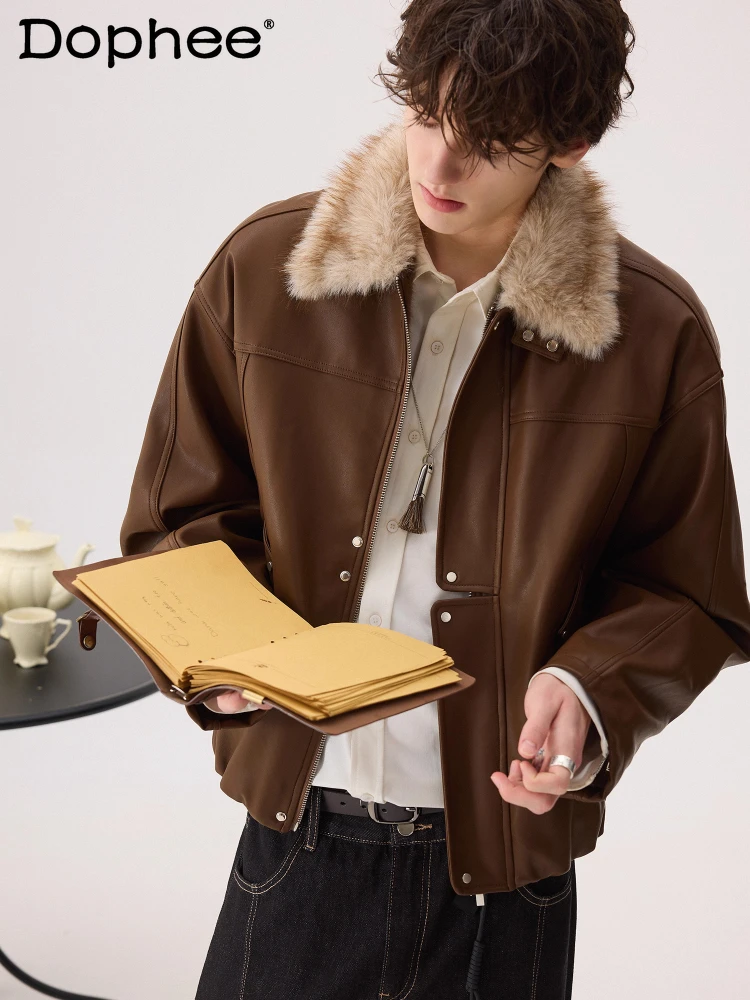 

Men's 2025 Autumn New High-End Faux Fur Collar Chic Faux Leather Jackets Men's Windproof Trendy Clothing Stylish Handsome Tops
