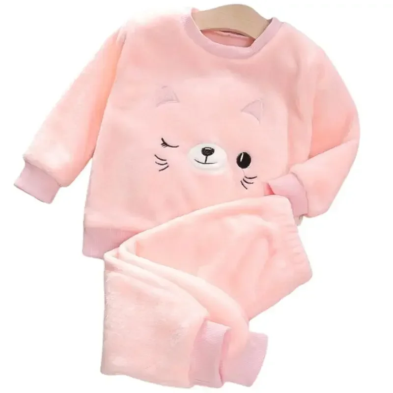 Coral Velvet Super Soft Pajamas Sets for Kids Boys Girls Long Sleeves Pants Lazy Children Sleepwear Sets Solid Nightwear Suits