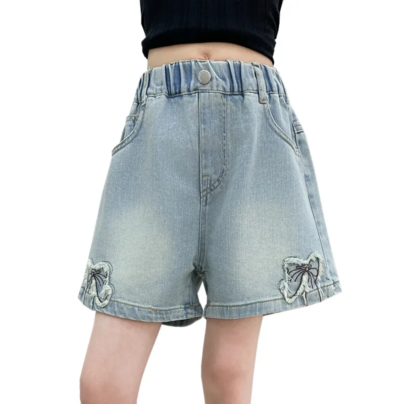 Stylish Children Summer High Waisted Denim Short with Bows for Teens Girl Causal Streetwear Bottoms Kids Bowknot Shorts 5-14 Y