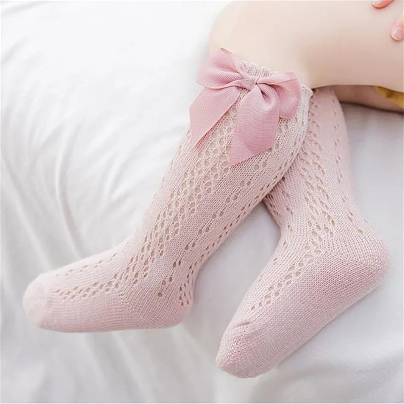

Toddler Baby's Socks Girl Knee High Socks Solid Color Hollow Out Stockings with Bow for 0-6 Years Old Children's Stockings