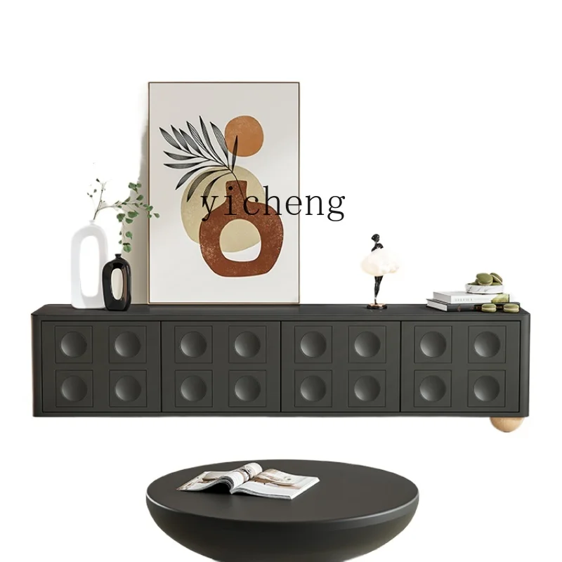 

ZK TV Cabinet Modern Living Room Small Apartment Bedroom Mid-Ancient Solid Wood Stone Plate Black Locker