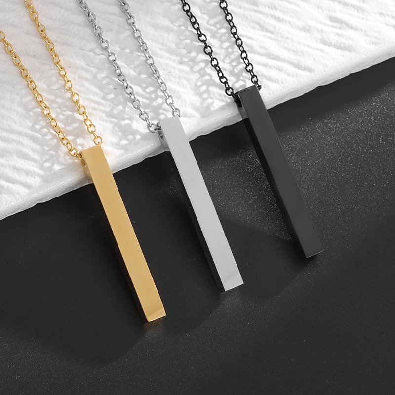 High-Quality Stainless Steel Glossy Cubic Column Pendant Necklace Men Women Simple Trendy Three-Dimensional Long Jewelry Gift