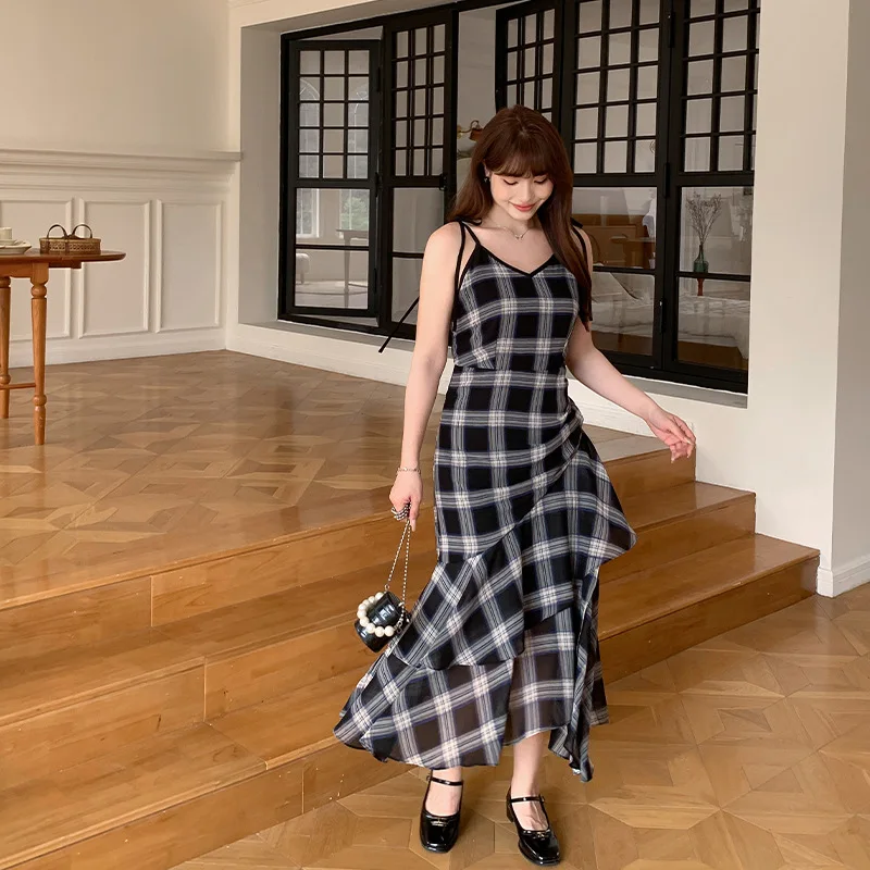 Plaid Pleated Slip Dress Women 2024 Plus-size Temperament Irregular Slip Dress