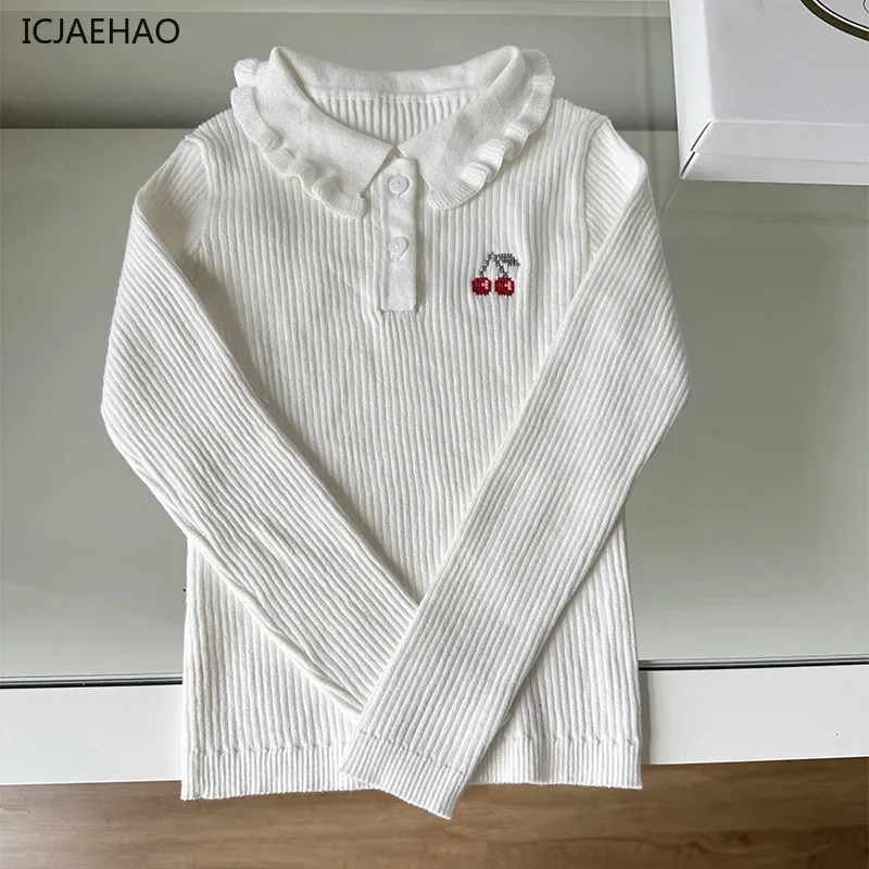 

ICJAEHAO 2024 New Girls All-Match Sweaters Baby Children Lapel Base Shirt Cute Cherry Top Knitwear Autumn Children's Clothing