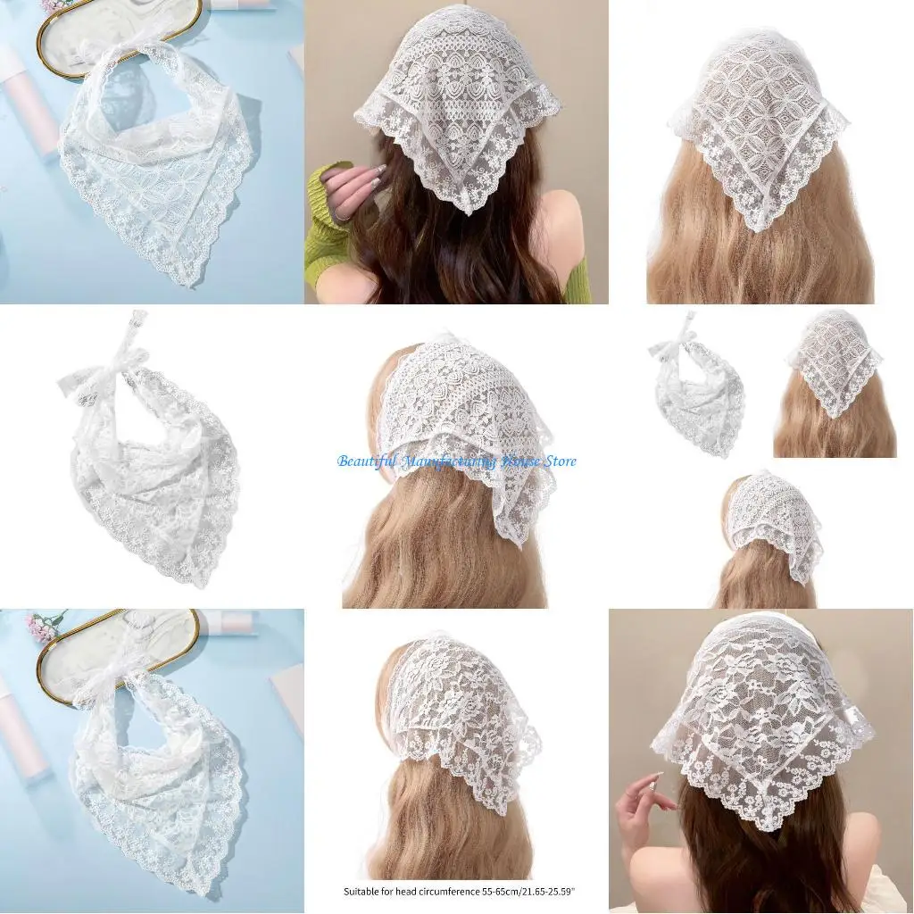 

E56A Summer Sunproof Lace Triangle Sweet Girls Triangle Scarf Lace Flower Turban