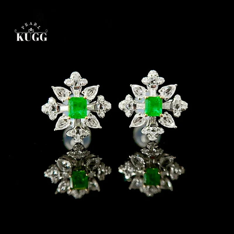 

KUGG 100% 18K White Gold Earrings Elegant Snowflake Shape Shiny Diamond Natural Emerald Earrings for Women High Wedding Jewelry