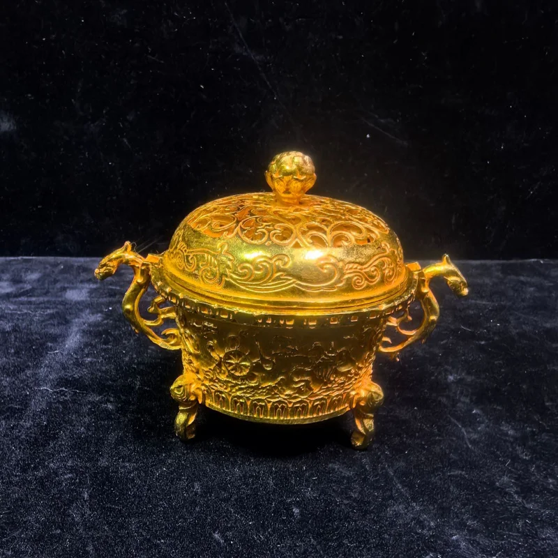 Vintage retro auspicious eight treasures copper incense burner with mythical beasts, double handles, three legs, and a lid, suit