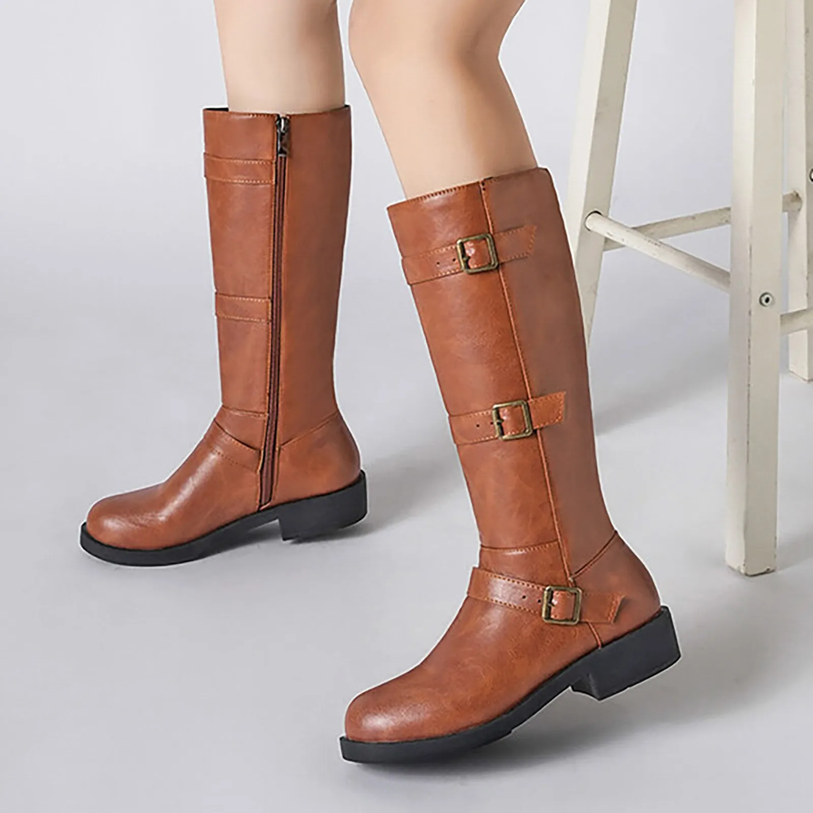 

Retro Knight Boots Female Brown Wide Combat Riding Boots Ladies Chunky Platform Designer Brand Knee High Boots Women Long Boots