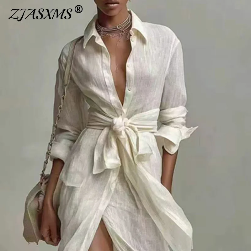 Boho Weißes Leinen-Wickelkleid mit langen Ärmeln, hoher Taille, Gürtel, Maxikleid, lässig, lockerer Saum, Sommer-Strandkleider für Damen