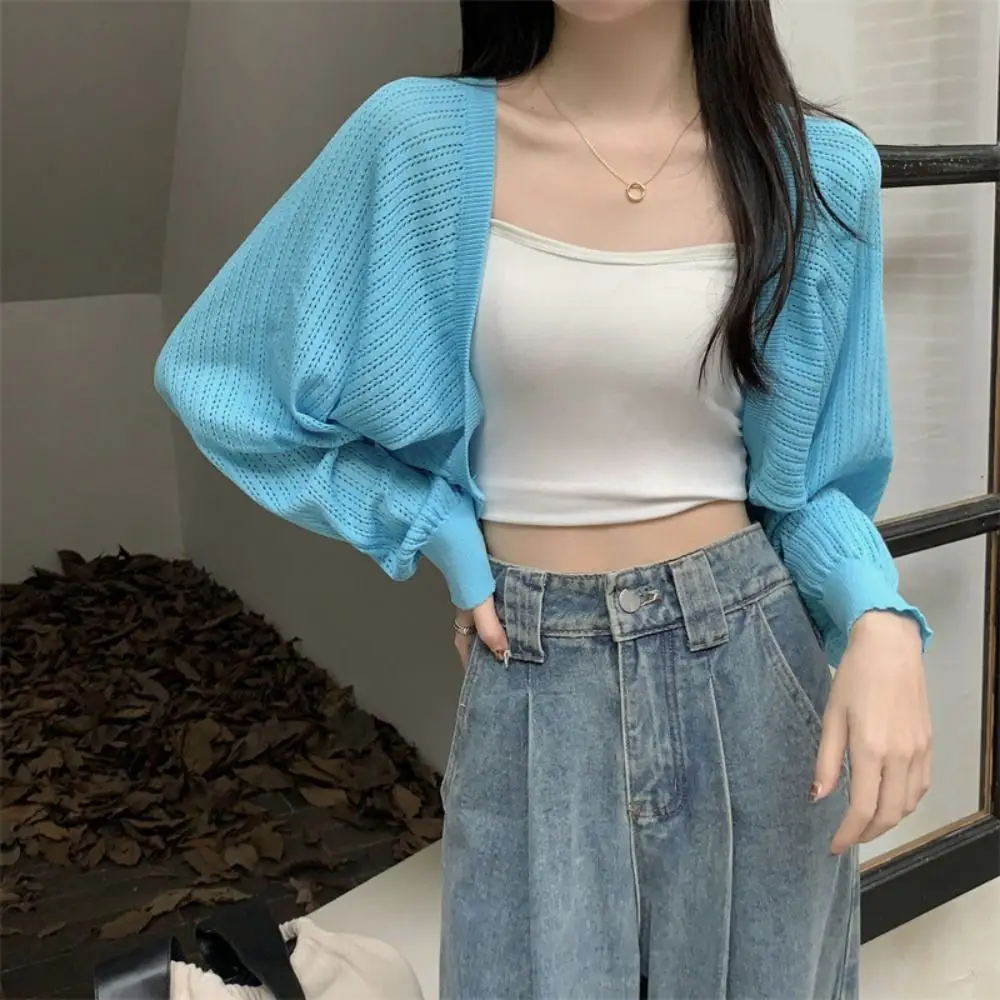 Simple Hollow Knitted Shawl Thin Long Sleeves Knitted Crochet Top Scarf Accessories Loose Knit Cardigan Female
