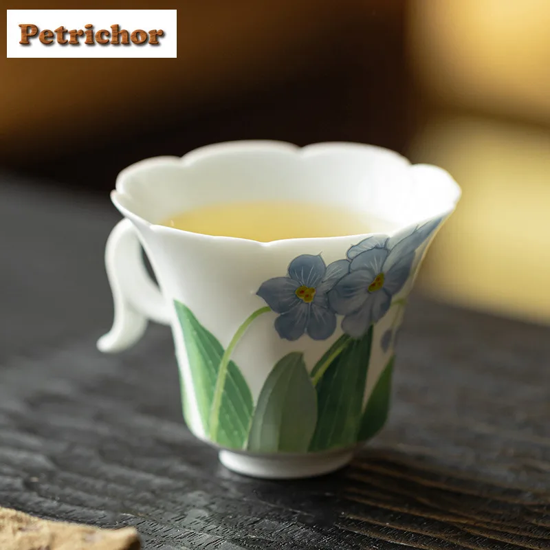 60ml Hand Drawn Orchid White Porcelain Hand-held Teacup Luxury Tea Bowl Mug Tea-tasting Meditation Cup Chazhan Master Cup Teaset