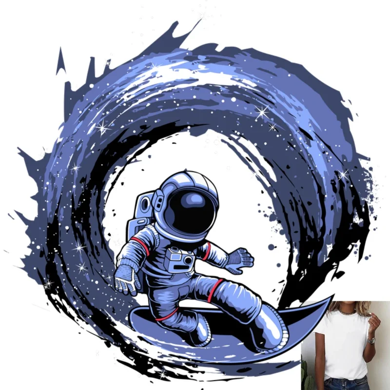 Trendy Astronaut Surfing Heat Transfer White Ink Iron - on Patch, Creative Pattern, Suitable for T - shirts/Canvas Bags, Casual