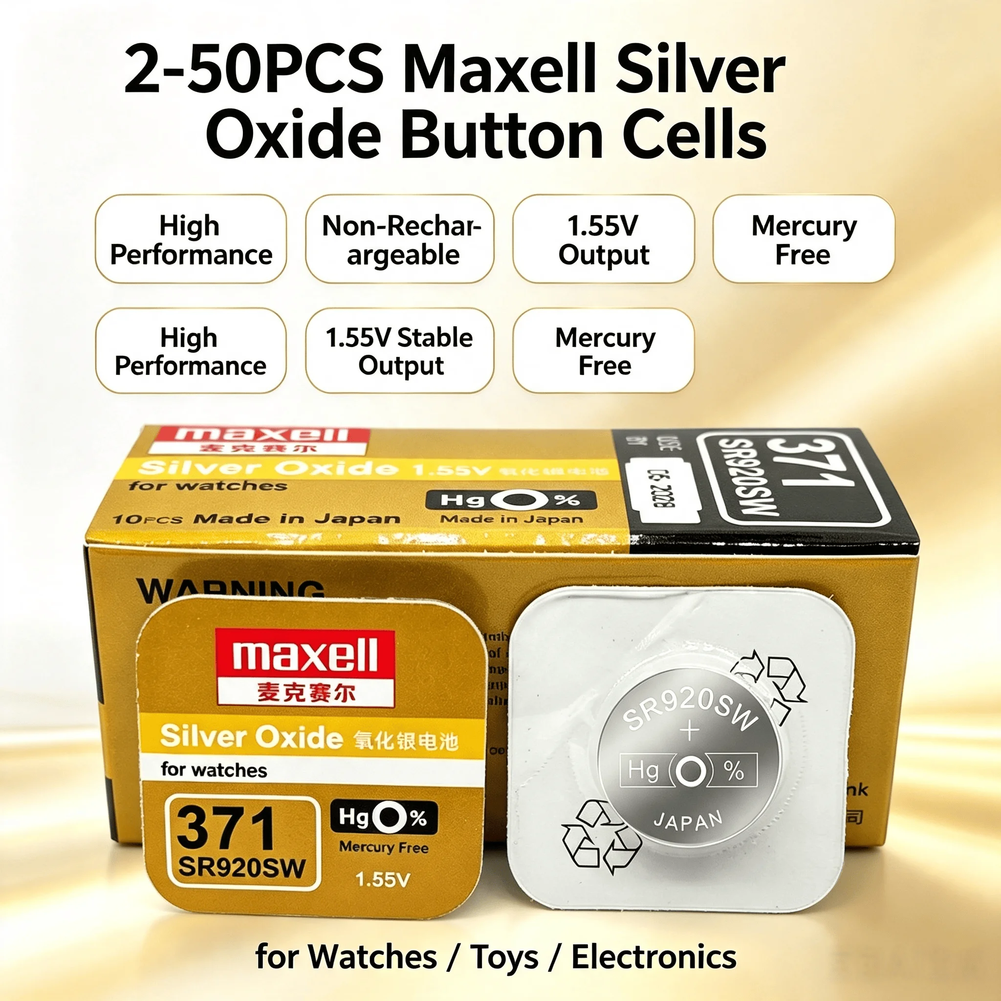 2‑50PCS Maxell SR920SW 371 Silver Oxide Non‑Rechargeable Button Batteries Long‑Lasting For Wrist Watch Toys Mini Electronics