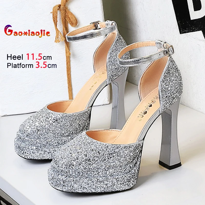 

11,5 см серебряные сандалии с квадратным носком и блестками для женщин, летние дизайнерские роскошные вечерние модельные туфли на двойной платформе на высоком каблуке, размер 34-40