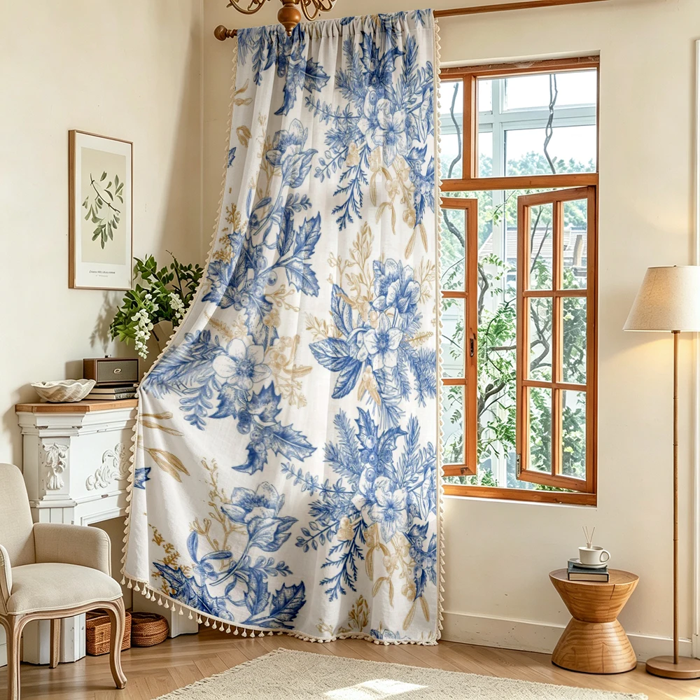 1PC Vintage Tassel Sheer Curtains, Blue White Porcelain Floral, Digital Print, Linen Polyester, Bedroom Living Room, Rod Pocket