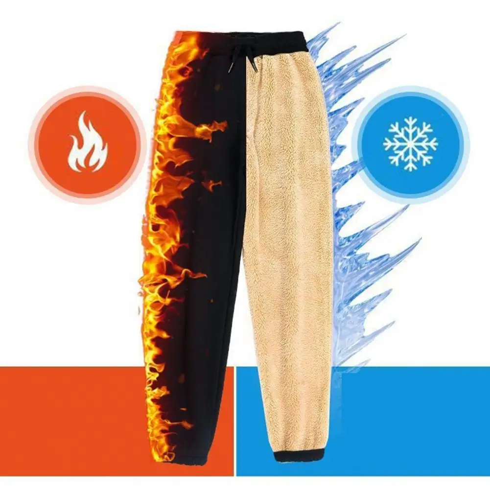 Fleece Trousers Men's Winter Plush Drawstring Pants with Zipper Pockets for Sport Travel Elastic Waist Heat Retention for Work