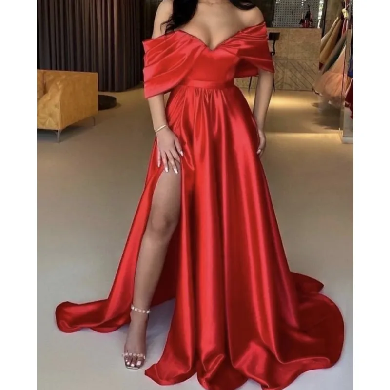 

Red Prom Dresses V-Neck Off The Shoulder A-Line Side Slit Satin Prom Dresses Lace Up Back vestidos de fiesta de noche