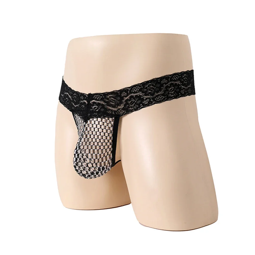 New Mens Sexy Print Sissy Lace See-Through Thongs Pouch Underwear T-Tack G String Briefs Seductive Playful Solid Men\'s Thong