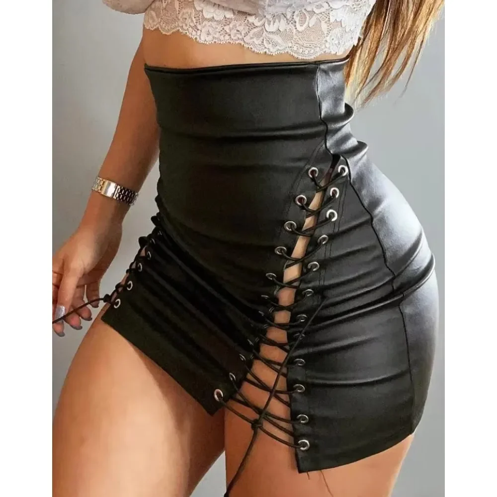 

Skirts Woman Fashion 2025 High Waist Pu Leather Eyelet Lace-Up Skirt Sexy Black Hip Lift Slim Mini Dress Party Club Streetwear