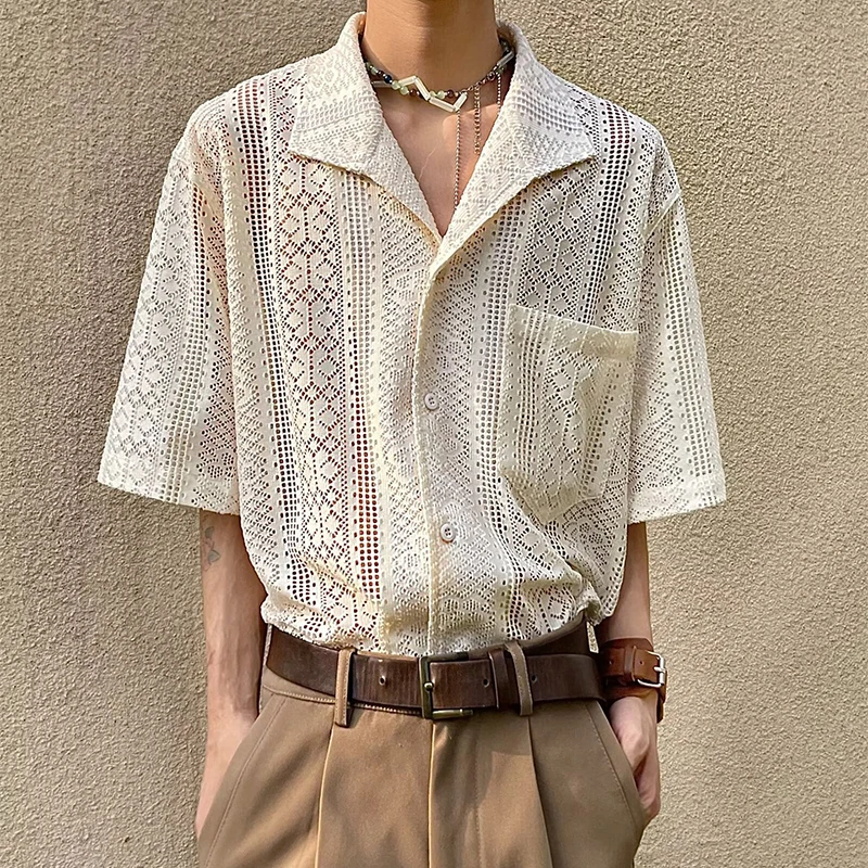 

Streetwear Mens Lace Shirts Vintage Embroidery Hollow Out Mesh Shirt Fresh Men Summer Short Sleeve Button Lapel Breathable Shirt