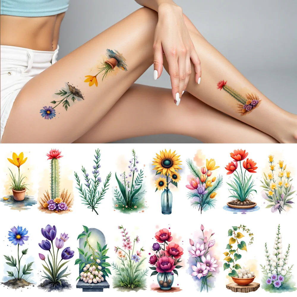 

9 шт. временные татуировки цветочный дизайн временные татуировки наклейки ботаническое искусство акварель для груди девушки руки