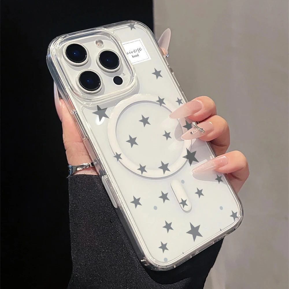 Coque de téléphone magnétique transparente à motif étoile grise pour iPhone 17 14 15 16 11 12 13 Pro Max Air 17 16 E 14 15 16 Plus 15 Pro, en acrylique
