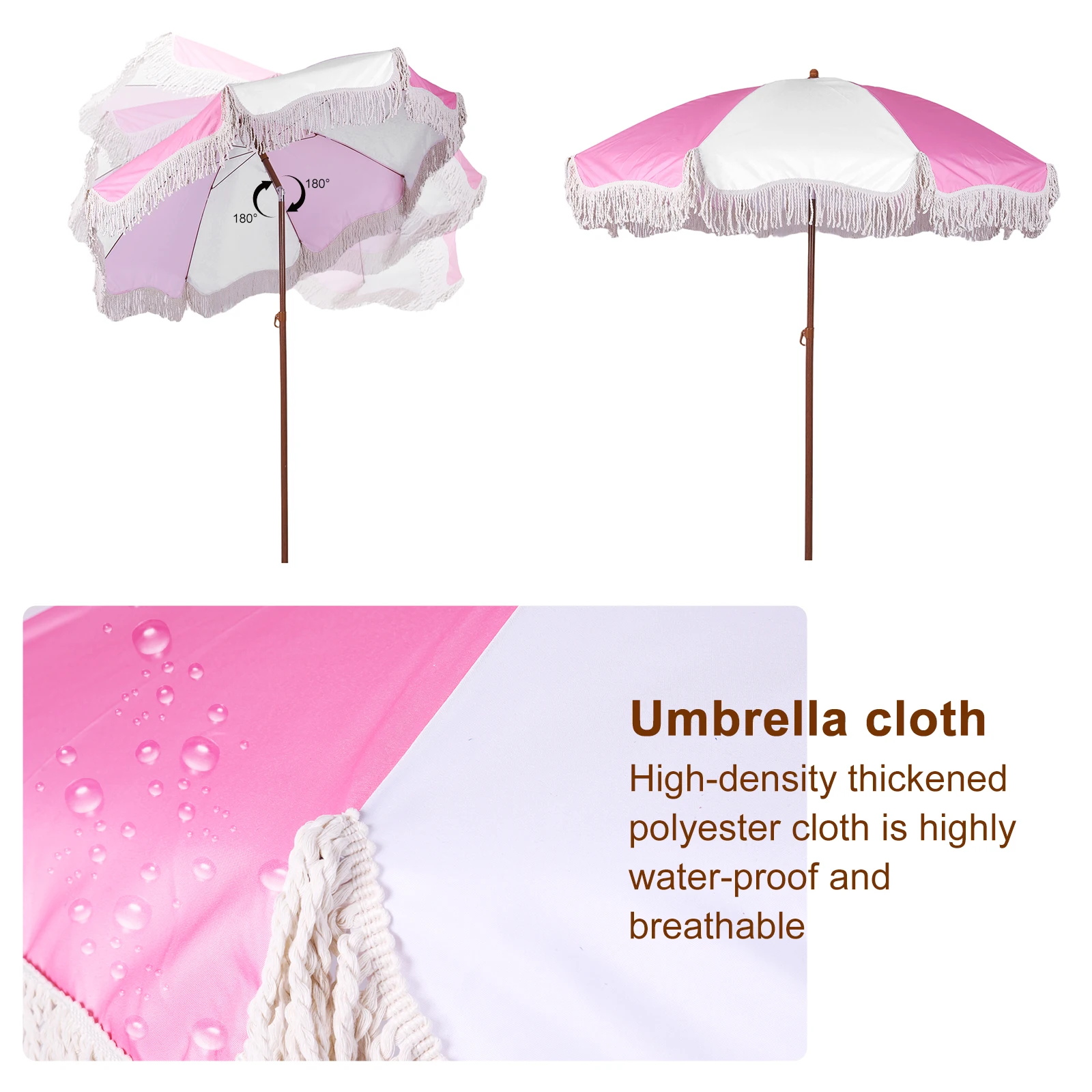 

Boho Beach Umbrella with Fringe Adjustable Patio Umbrellas UV Protection Parasol for Garden Table Pool (White Pink)