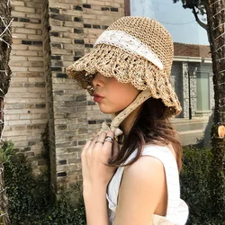 Summer Straw Hat Women Wide Brim Sun Protection Beach Hat White Ribbon Bowknot Straw Cap Casual Ladies Flat Top Panama Hat