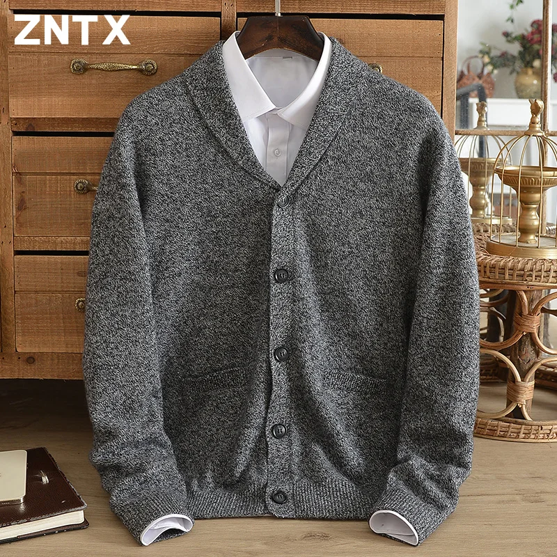 ZNTX Men's new autumn and winter pure cashmere sweater cardigan lapel thick loose knit coat pocket button V-neck business casual