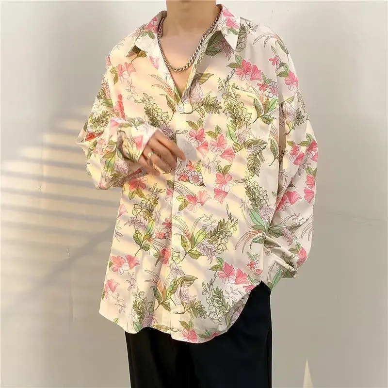 2023 Spring Summer Vintage Fashion Trend Long Sleeve Lapel Men\'s Clothing Loose Lazy Hong Kong Breeze Casual Thin Floral Shirt