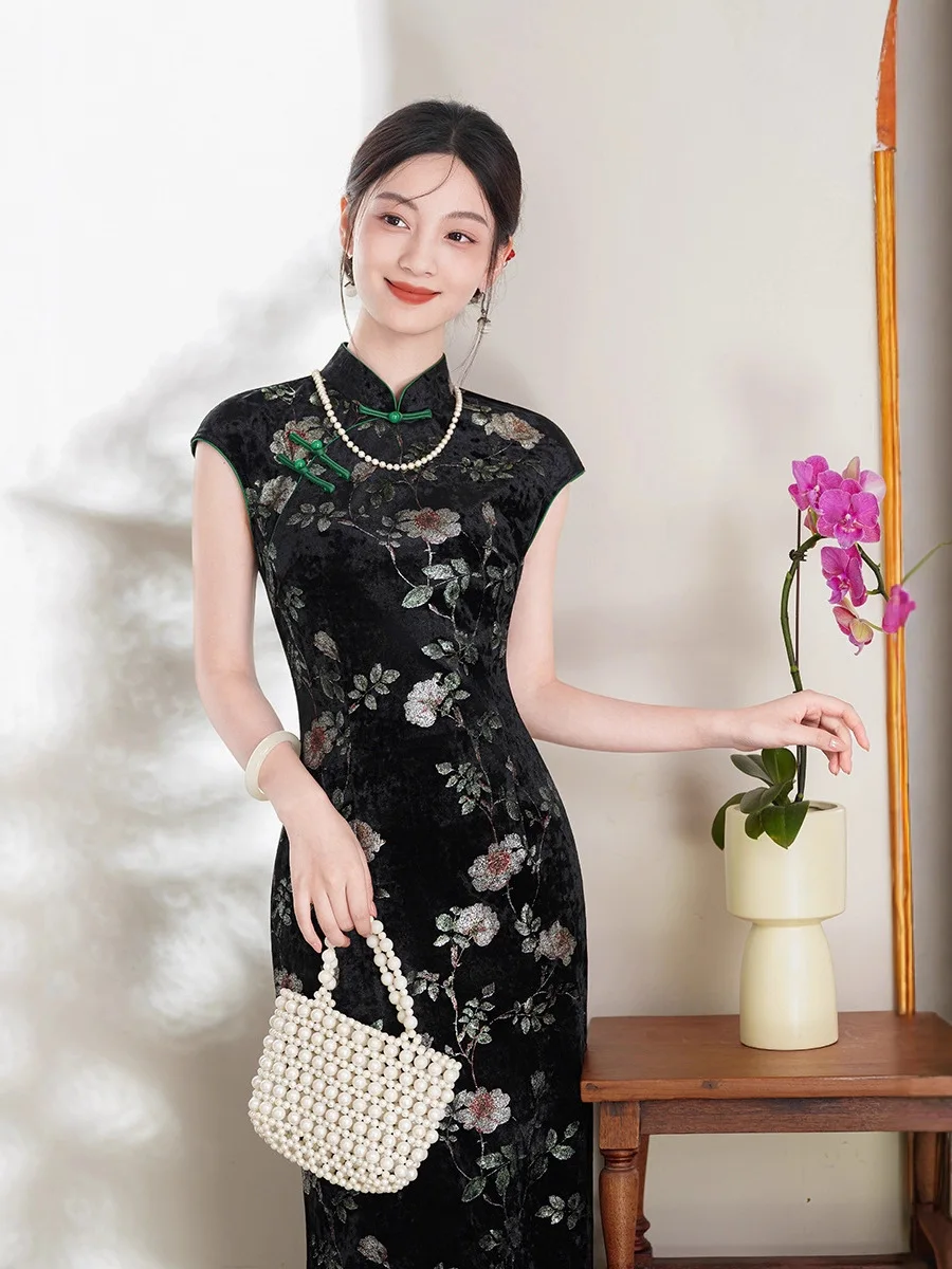 

Осень 2021, новое бархатное платье Ципао в китайском стиле, длинное стильное старое Шанхайское Республиканское платье Ципао в стиле ретро