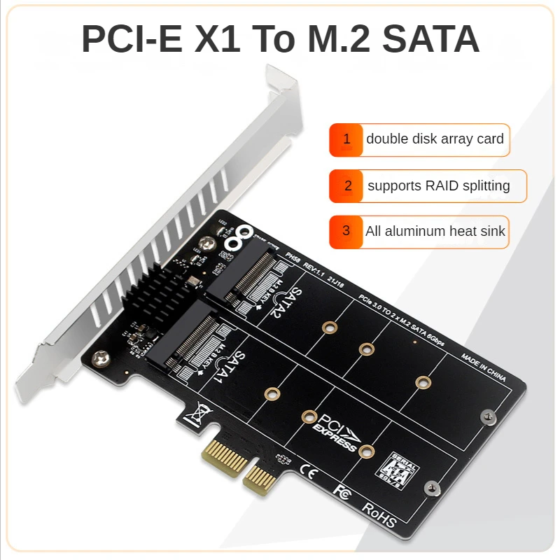 PH58 2x M2 SATA to PCIE Adapter Card RAID Splitter Expansion Card PCIe X1 NGFF M2 SATA SSD Double Disc Display