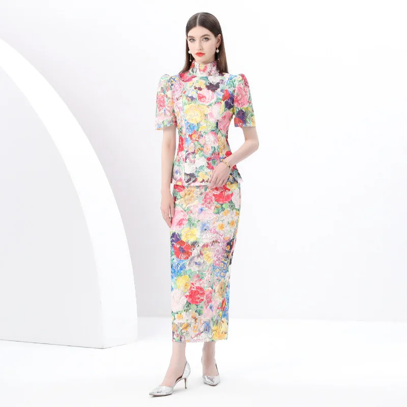 

2025 early spring new women's retro high-neck short-sleeve slim fit lace print bodycon maxi dress A001