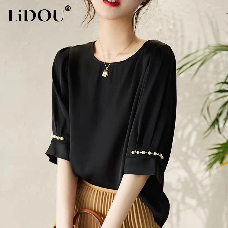 

Summer New O Neck Beading Simple Fashion Pullover Blouse Ledy Short Sleeve Loose Casual Solid Top Women All-match Chiffon Shirt