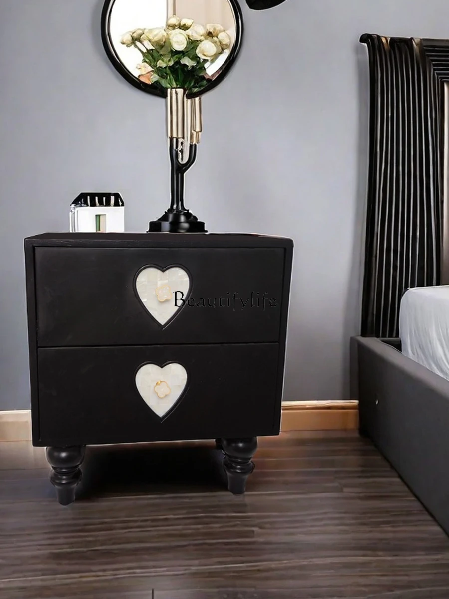 French Style Mid-Ancient Heart-Shaped Shell Bedside Table Solid Wood Bedroom New Storage Drawer Locker