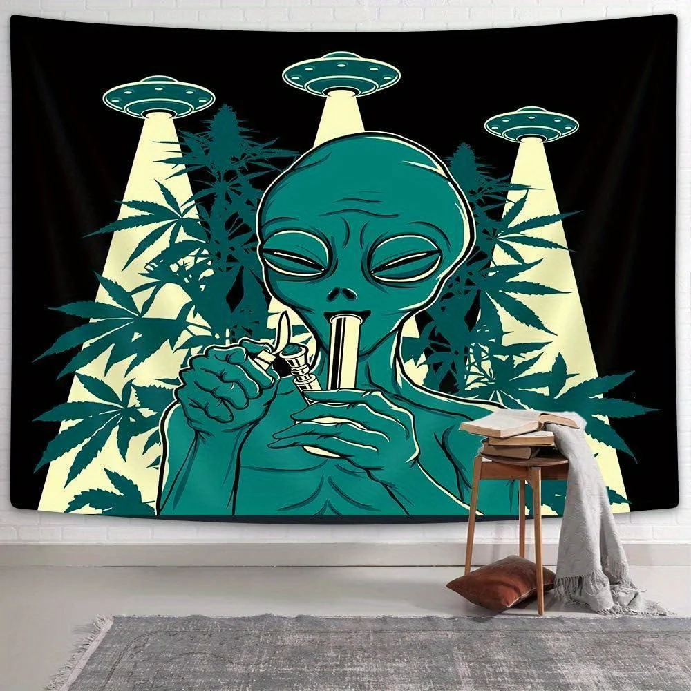 Smoking Alien UFO & Leaf Tapestry | Green Alien Hemp Wall Hanging, Bohemian Linen Decor for Bedroom Dorm, Fun Weed Themed Gift
