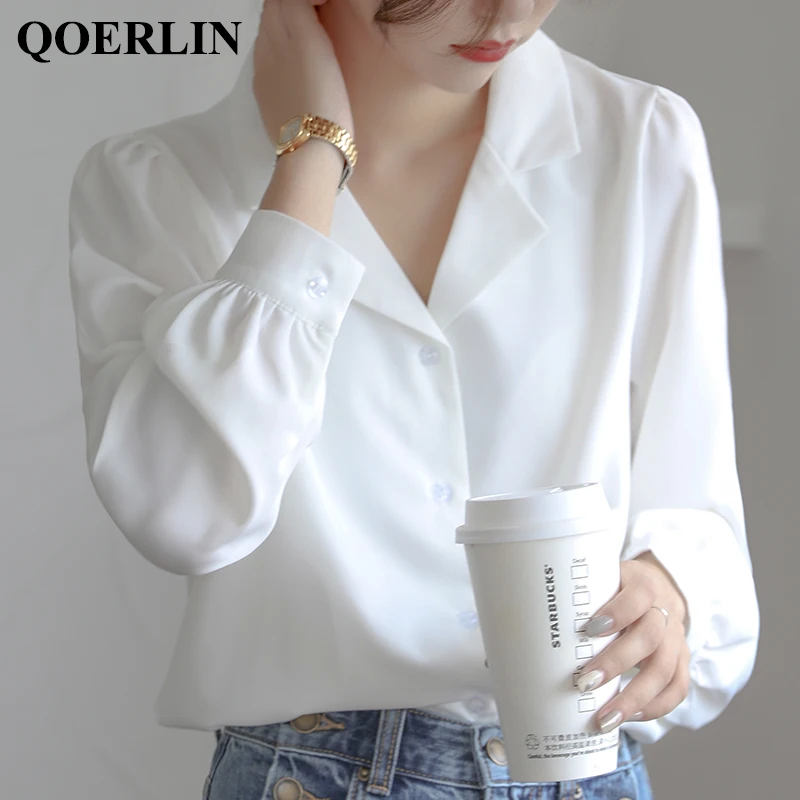 QOERLIN Commute White Blouse Women New Lantern Sleeve Single-breasted Shirts Female Turn-down Elegant Blouse Office Clothing