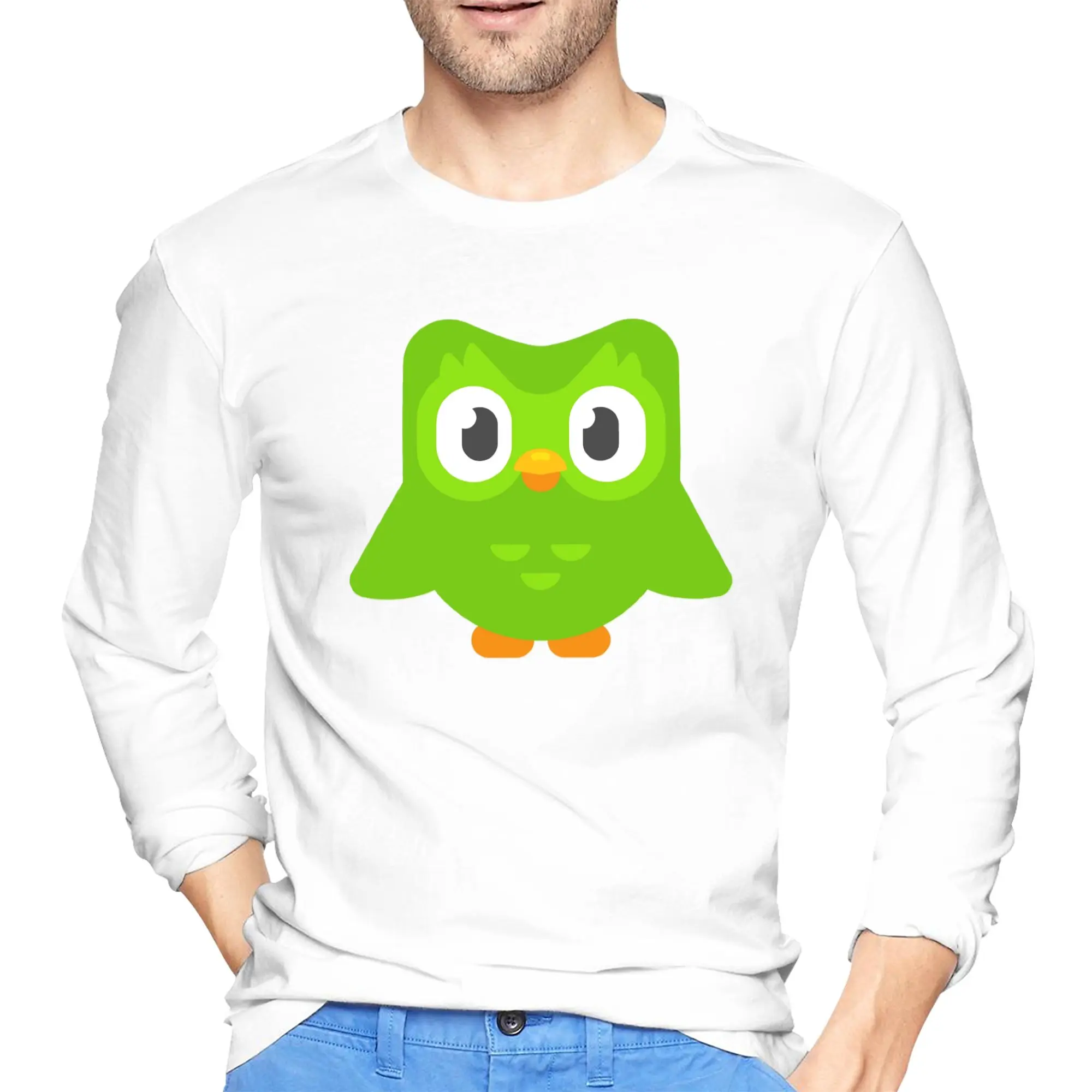 

Duolingo Owl Duo Men's Long Sleeved T-shirt Casual Round Neck T shirts Spring and Autumn Men tops