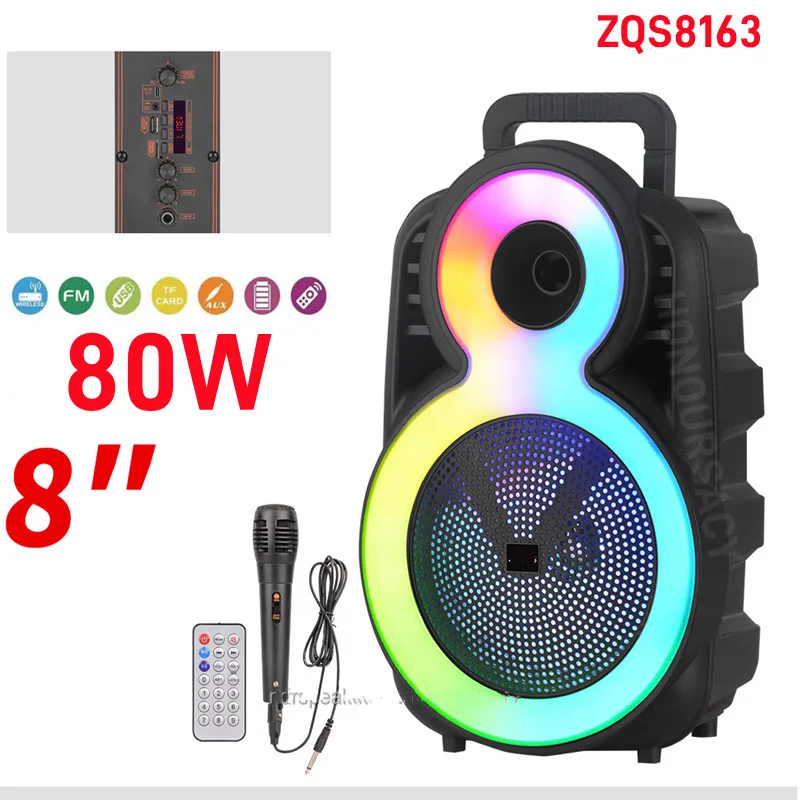 

ZQS8163 Portable DJ Party Karaoke 80W High Power LED Subwoofers Powered Wireless Bluetooth Speakers with Mobile K-song Gathering