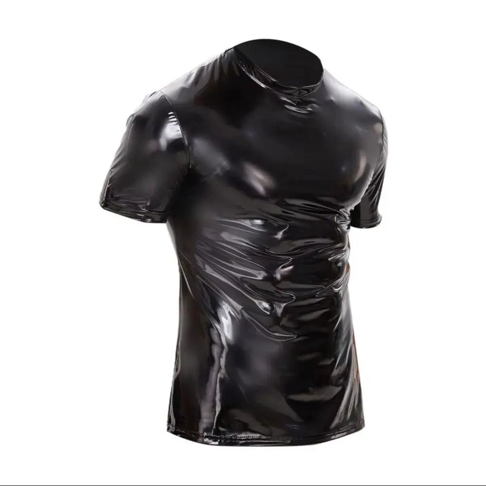 Men Club Top Smooth Glossy Faux Leather Short Sleeves Elastic Soft Breathable Mid Length Party Nightclub Performance T-shirt