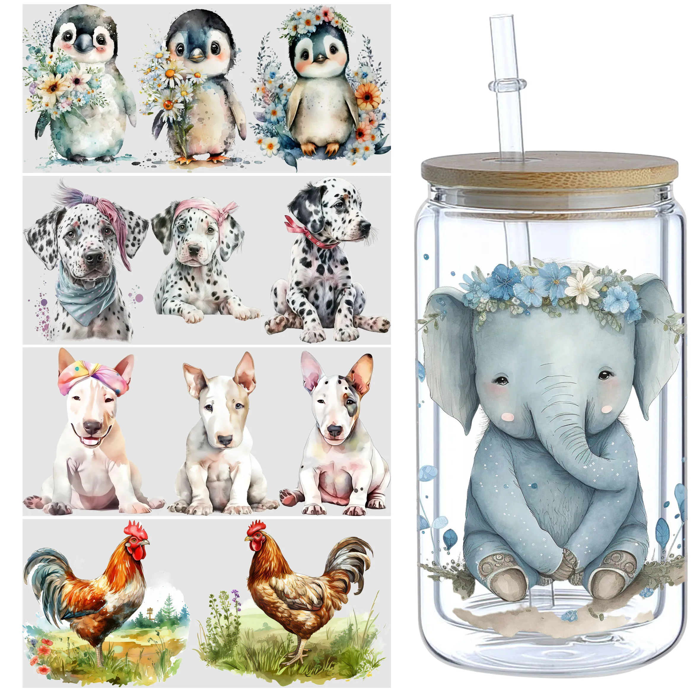 5 Sheets Animal UV DTF Cup Stickers, Glass Sports DTF Transfer Stickers, Waterproof Funny Chick Rub Transfer Paper