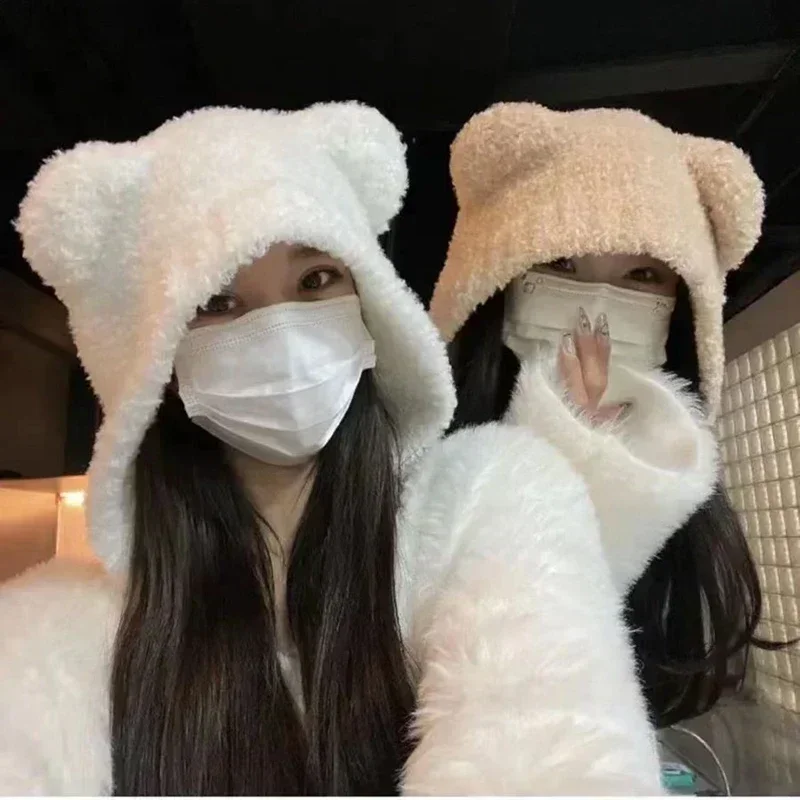 2024 Zimowa damska czapka ochronna na uszy Kawaii Bear Girl Earmuffs Cap Gruba pluszowa ciepła czapka bomber Solid Lamb Fleece Beanies Bonnet