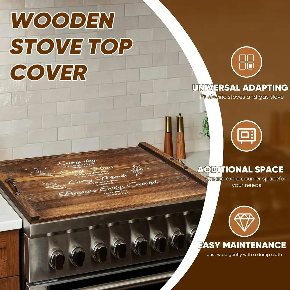 Capa de fogão de madeira estilo fazenda com alças, economizador de espaço de balcão de cozinha para fogões elétricos ou a gás, tampa decorativa de pia a