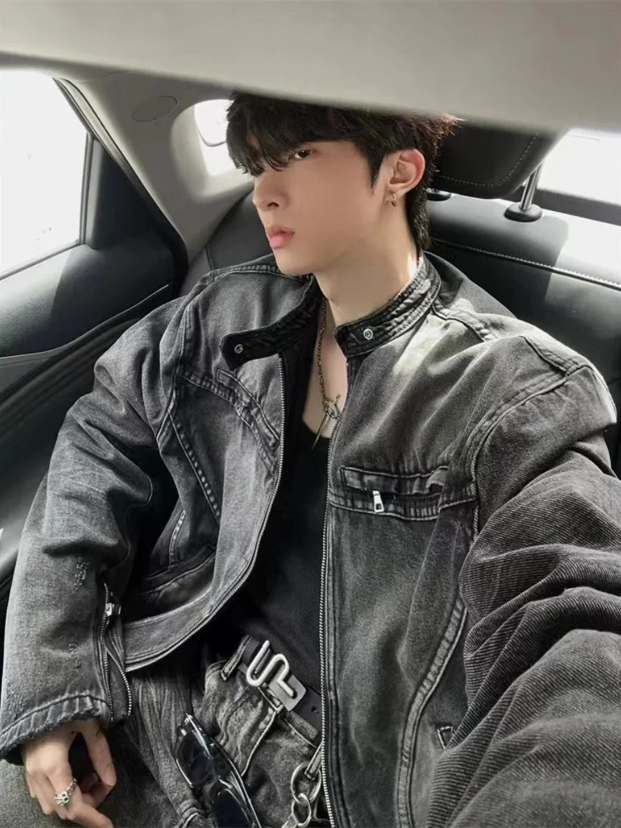 

Винтажный джинсовый джинсовый джинсовый джинсовый джет с воротником-стойкой в американском стиле в стиле ретро, высококачественный мотоциклетный джет на ощупь